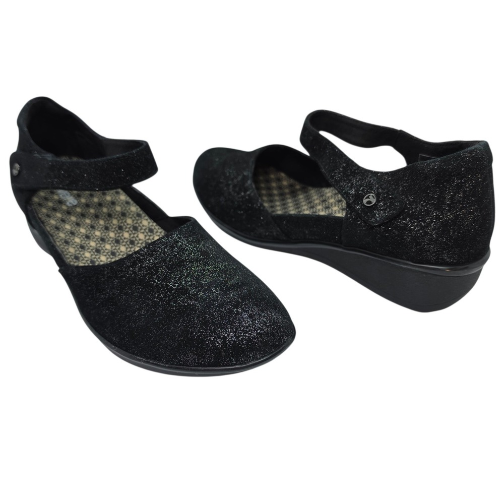 Revere Osaka Midnight Black Shimmer Leather Mary Jane Wedge Shoes US 10M EUR 41